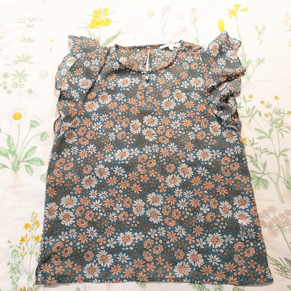 Floral Flutter Sleeve Blouse Green/Peach S/Small